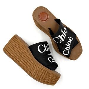 Chloe Woody Platform Espadrille Sandals Black Canvas Logo Wedge Slides 36 / 6 US